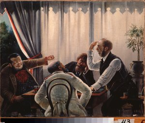 Kartenspiel. (Vier Männer versammelt um einen Spieltisch, zwei von ihnen streiten, die anderen beiden warten geduldig). Gemälde von Leonid Ivanovich Solomatkin (1837-1883)