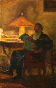 Leo Tolstoi mit einer Zeitung