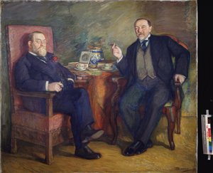 Die Teestunde. Porträts der Sammler Ossip Cetlin und David Wyssotski. von Leonid Osipovic Pasternak
