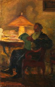 Leo Tolstoi mit einer Zeitung