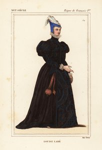 Louise Labé, La Belle Cordière, französische Dichterin 1526-1566. Musikerin, Reiterin, Bogenschützin, Fechterin und Linguistin. Handkolorierte Lithographie nach einem Porträt in Roger de Gaignières