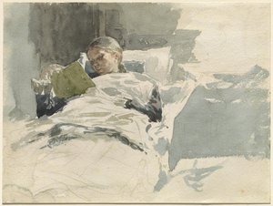 Die Frau des Künstlers liest im Bett