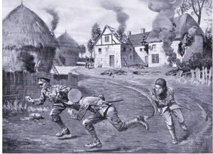 Sergeant Cooper und zwei Kameraden rennen unter feindlichem Feuer davon, nachdem sie ein Bauernhaus und mehrere Heuhaufen in Brand gesetzt haben