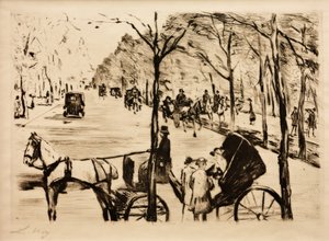 Allee im Tiergarten mit Kutsche im Vordergrund von Lesser Ury