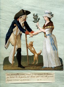 Französische Revolution: „Ein junges Mädchen findet ihre versprochenen Wunden nach dem Krieg und hält ihr Versprechen zu heiraten“ Gouache der Brüder Lesueur (18. Jahrhundert). Paris, Musée Carnavalet von Lesueur Brothers