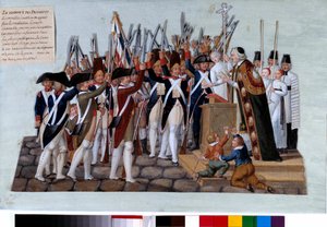 Französische Revolution: der Eid der Bezirke. Nach der Verkündung der Verfassung versammelte sich das Volk auf den öffentlichen Plätzen, die Priester leiteten die Versammlungen. Gouache der Brüder Lesueur (18. Jahrhundert). 1789. Paris, Musée Carnavalet