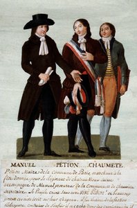 Französische Revolution: Die Revolutionäre Jerome Petion (1756-1794), Jacques Antoine Manuel (1775-1827) und Pierre-Gaspard Chaumette genannt Anaxagoras (1763-1794), Sprecher der Ungebändigten. Gouache der Brüder Lesueur (18. Jahrhundert) von Lesueur Brothers