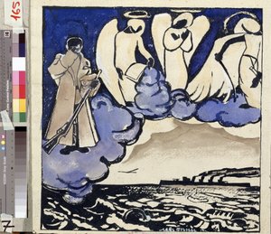 Der Krieg. Russland. 1914. Allegorie des Ersten Weltkriegs. Ein Soldat und Engel. Feder und Gouache von Lew Bruni (1894-1948) von Lev Aleksandrovitc Bruni