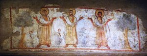 Wandmalerei zeigt Heilige beim Gebet, Caesarea, Israel, 6.-7. Jahrhundert