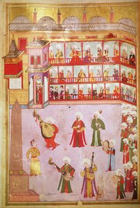 TSM H.1344 Tänzer und Musiker spielen beim Fest, 1582-83 von Levni