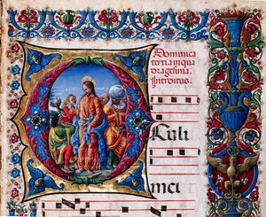 Piccolomini-Bibliothek: Chorbuch, cod. 21.6, ff. 2r mit „Austreibung eines unreinen Geistes“, von Liberale da Verona (ca. 1445 - 1527/9) (Detail)