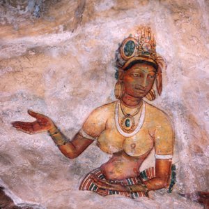 Apsaras, himmlische Nymphe, die ein Opfer darbringt, Fresko, befestigte Zitadelle von Sigiriya (UNESCO-Welterbeliste)