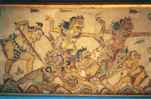 Fresken, die Szenen von Kämpfen zwischen Göttern und Dämonen darstellen, Kertha Gosa Pavillon, Klungkung Palast (Puri Agung Semarapura), Semarapura, Bali, Indonesien