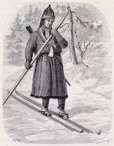 Lars Tuorda, lappländischer Athlet, der 1884 den von Adolf Erick Nordenskjold organisierten Langlaufwettbewerb gewinnt, Tuschezeichnung von Unbekannt Unbekannt