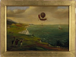 Der Erfinder Jean Pierre Blanchard und der amerikanische Wissenschaftler John Jeffries überqueren den Ärmelkanal in einer fliegenden Maschine, 7. Januar 1785 von Unbekannt Unbekannt