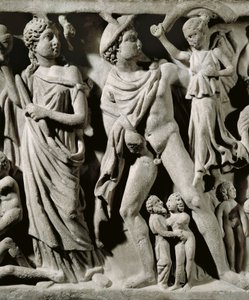 Marmorsarkophag, Relief darstellend den Mythos von Prometheus, Detail, Hermes und eine der Parzen, aus Arles