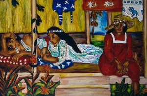 Polynesische Frauen, Buntglasfenster, Moorea-Insel, Gesellschaftsinseln, Französisch-Polynesien, Überseegebiet der Französischen Republik