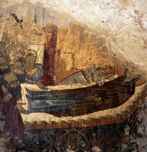Überreste eines Freskos in der byzantinischen Kirche Agios Georgios Xifoforos, Apodoulou, Kreta, Griechenland