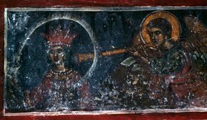 Heiliger spielt das Horn, Fresko in der Kirche Agios Ioannis Prodromos, Margarites, Kreta, Griechenland von Unbekannt Unbekannt