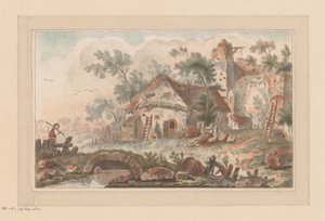 Haus vor einem baufälligen Stadttor, im Vordergrund ein Mann auf einer Brücke von Liger (attributed to)
