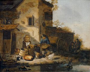 Bauer füttert Hühner