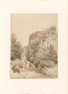 Bewachsenes Tal mit hohem Felsen und einem Bach