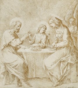 Das Jesuskind, die Jungfrau und der heilige Josef an einem Tisch sitzend, begleitet von einem Engel