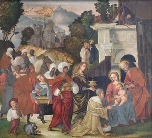 Anbetung der Heiligen Drei Könige mit den Heiligen Bernhard und Alderic in der Landschaft