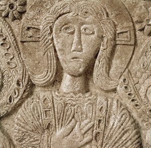Archäologie des Mittelalters. Barbarische Kunst der Lombardei: Detail von Christus, Flachrelief des Altars von Herzog Rachis. Skulptur, lombardische Kunst, 737-744