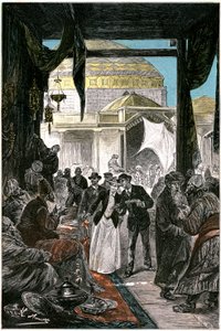 Der Basar von Samarkand (heute Samarkand oder Samarqand in Usbekistan), Illustration des Romans von Jules Verne „Claudius Bombarnac“ Ausgabe Hetzel 1892 - Zeichnung von Léon Benett (Hippolyte Léon Benet) von Léon Benett