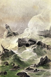 Illustration von Jules Vernes Roman „Die Propellerinsel“, Hetzel-Ausgabe / Außergewöhnliche Reisen 1895, Zeichnung von Leon Benett. Die riesige schwimmende Insel beginnt zu zerbrechen und zu sinken. von Léon Benett