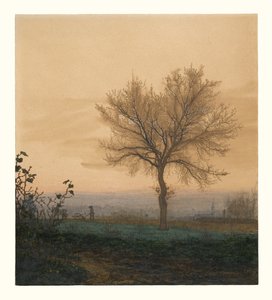 Landschaft mit einem kahlen Baum und einem Pflüger