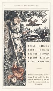 Emile, Etienne, Echelle, Echelon, Eichhörnchen, Spatz, Spinat, Vogelscheuche, Farry, Stourneau, Seite 18 - Alphabet von Mademoiselle Lili, von L. Froelich und von einem Vater (Hetzel selbst). Bibliotheque & Magasin d