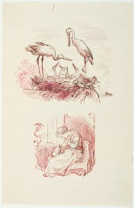Störche und sitzende Frau mit einem Frosch auf dem Schoß von Lorenz Frølich