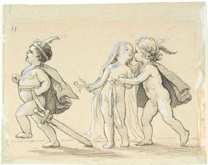 Vignette mit drei Kindern; laufender Junge und Junge und Mädchen, die sich umarmen