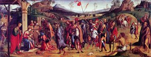 Anbetung der Könige von Lorenzo Costa (1460-1535), Öl auf Leinwand, 75x181 cm