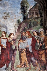 Leben der hl. Cäcilia: Hochzeit von St. Cäcilia und Valerian, Detail (Fresko) von Lorenzo Costa