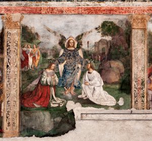 Leben der hl. Cäcilia: die Heilige und St. Valerian gekrönt von einem Engel