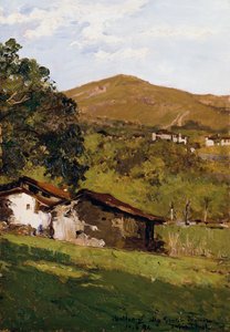 Bauernhäuser im Grünen (Vor-Alpen von Biella) von Lorenzo Delleani