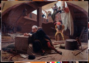 Der Entdecker und Navigator Christoph Kolumbus (1451-1506) kehrt von seiner dritten Reise in Ketten im Frachtraum zurück von Lorenzo Delleani
