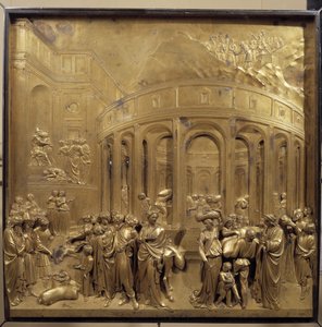 Geschichte des Lebens von Joseph. Die Weizenernte: Die Bauern bringen die Getreidesäcke. Originaltafel der Paradiespforte