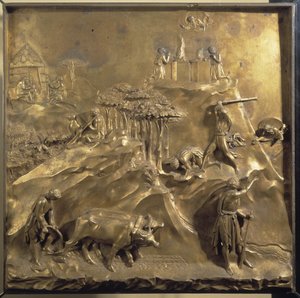 Leben von Kain und Abel: das Opfer, der Mord an Abel und Gott verbannt Kain. Originaltafel der Tür des Paradieses von Lorenzo Ghiberti