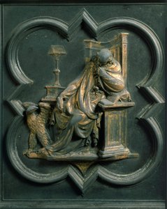 Nordtor (genannt Kreuztor, im Norden), Außendetail: Heiliger Johannes Evangelist. Bronzeskulptur von Lorenzo Ghiberti