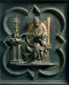 Nordtor (genannt Tor des Kreuzes, Norden), Außendetail: Heiliger Ambrosius. Bronzeskulptur von Lorenzo Ghiberti (1378-1455)