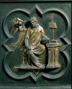 Nordtor (genannt Kreuztor, nach Norden), Außendetail: Heiliger Matthäus. Bronzeskulptur von Lorenzo Ghiberti