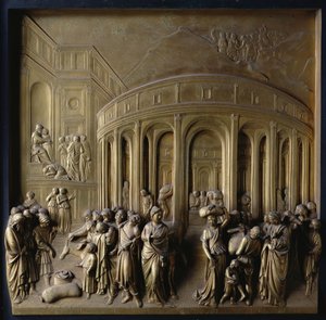 Die Geschichte von Joseph: Joseph wird in die Sklaverei verkauft, Das Finden des Silberbechers und Joseph wird von seinen Brüdern erkannt, eines von zehn Reliefpanelen von den Toren des Paradieses