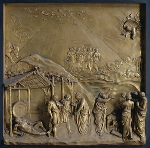 Die Geschichte von Noah: der Auszug aus der Arche, die Trunkenheit Noahs und sein Opfer an Gott, eines von zehn Reliefpanelen von den Paradiespforten (Osttüren), 1425-52