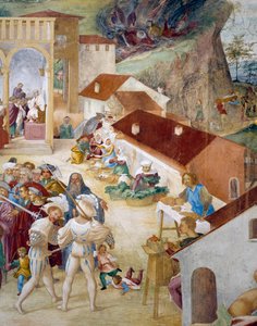 Soldaten, einfache Leute und Markt, (Detail) von Lorenzo Lotto