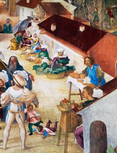 Soldaten, Bauern und Markt, Detail aus Geschichten der Heiligen Barbara von Lorenzo Lotto
