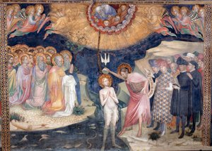 Johannes der Täufer tauft Jesus, mit einer Darstellung der Heiligen Dreifaltigkeit (Fresko) von Lorenzo Salimbeni